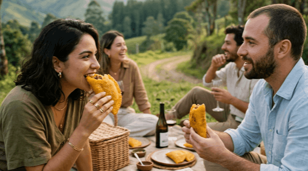 Familia disfrutando empanadas colombianas
